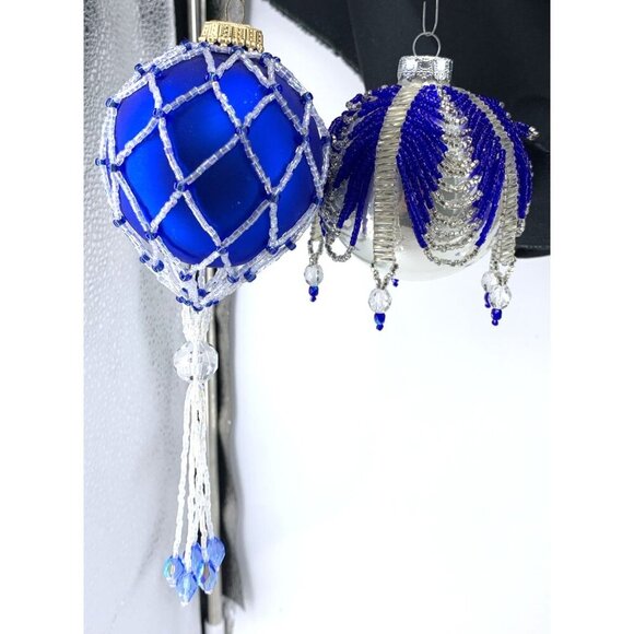 Beaded Christmas Ornament Bead Wrapped Blue 3" Lot of 2 Vintage - Picture 1 of 5